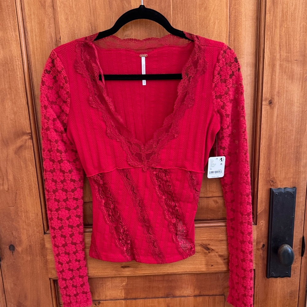 Free People Red Lace V-Neck Long Sleeve Top